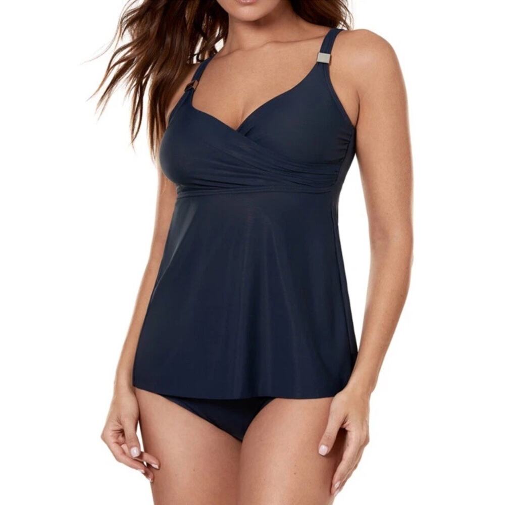 NWT MIRACLESUIT Solid Surplice Tankini Swim Top SZ 38DDD Midnight Blue #6533010
